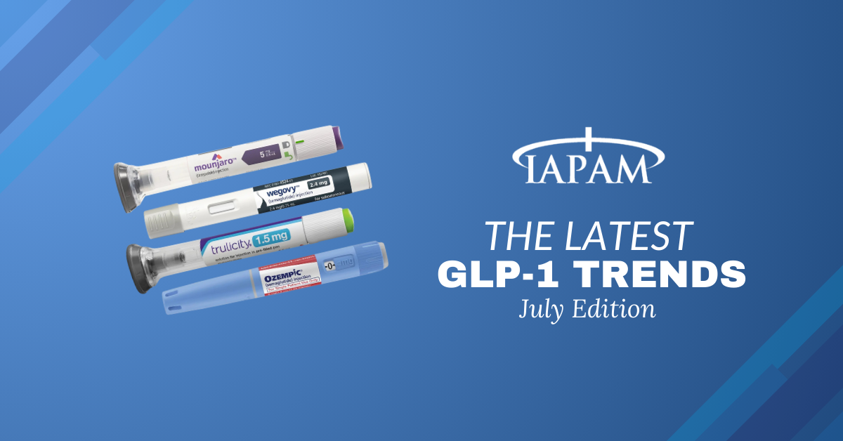 GLP-1 pens on a blue background. The Latest GLP-1 Trends ~ July Edition
