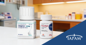 Foundayo vs. Wegovy Pill bottles on a counter in a medical office.