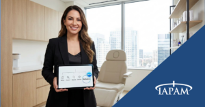 Female provider showcasing a tablet that features the newest injectable, Relfydess