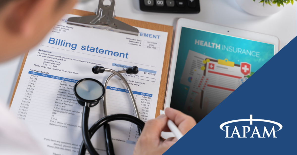 Billing statement on a clipboard with a stethoscope, beside a tablet showing health insurance and the TAPAM logo.