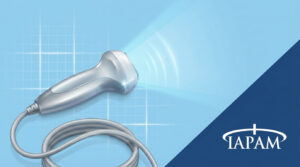 Ultrasound wand showing the beam on a light blue background with a dark blue triangle and the IAPAM logo