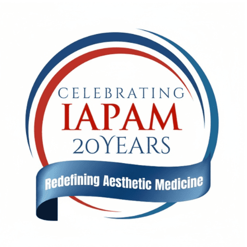 Logo for LAPAM celebrating 20 years, with blue and red circular arcs and a blue ribbon reading 'Redefining Aesthetic Medicine'