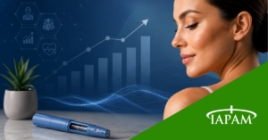 Profile of a smiling woman beside a blue handheld medical device on a counter, with a green TAPAM banner and abstract data graphics in the blue background.