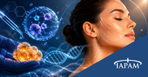 Biotech skincare concept: a gloved hand holds a glowing orange cell cluster with DNA strands around a calm woman’s face; TAPAM logo in the corner.