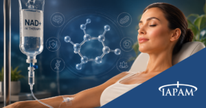 Woman relaxing during NAD+ IV therapy with an IV drip and scientific molecular graphics overlay in the background.
