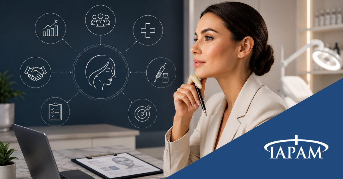 Businesswoman at a desk contemplating a healthcare network diagram with icons (growth, group, medical cross, syringe, checklist, target, handshake) and a TAPAM logo in the corner.