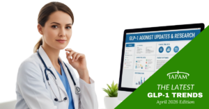 Doctor with stethoscope beside a monitor and a green promotional banner that reads 'The Latest GLP-1 Trends' (April 2026 Edition).