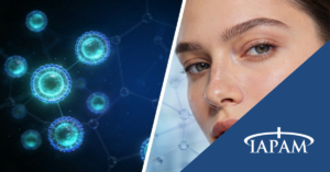 Split banner showing blue viral-like cells on the left and a woman's close-up on the right, with the TAPAM logo on a blue diagonal panel.