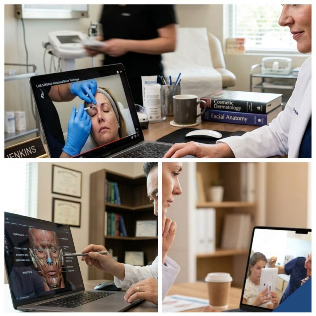 Collage of a clinician performing facial treatment with a laptop screen showing a patient’s face, plus a second screen with facial anatomy diagrams and books nearby.